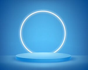 Blue Interior with circle neon light and showcase. Realistic 3d style vector illustration