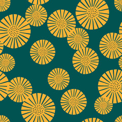 Seamless pattern abstract flowers on teal background. Vintage yellow textured of plants for textile design.