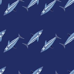 Seamless pattern shark Mako on bright blue background. Animal templates for fabric.