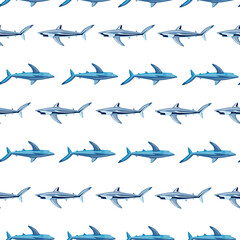 Seamless pattern Blue shark isolated on white background. Gray and blue color textured of marine fish for any purpose.