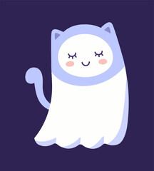 Cute ghost with cat hat. Stickers for children, sweet character. Graphic elements for website. Spirit of kitten, pictures for printing on childrens clothing. Cartoon flat vector illustration
