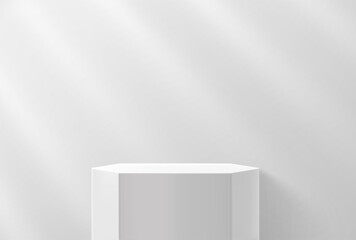 Fototapeta premium Bright soft interior with empty pedestal and sun flare effect. Realistic 3d style vector illustration