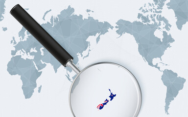 Asia centered world map with magnified glass on New Zealand. Focus on map of New Zealand on Pacific-centric World Map.