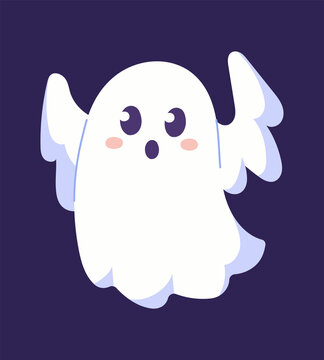 Cute ghost scares. Character tries to instill terror in others. Terrible and evil spirit. Halloween, graphic elements for site. Images for printing on kids clothing. Cartoon flat vector illustration
