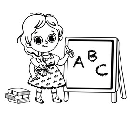 Black and white vector illustration of primary school student in front of blackboard.