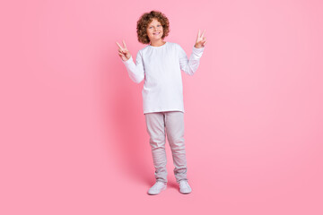 Full size photo of happy cheerful small child show v-signs enjoy smile isolated on pastel pink color background