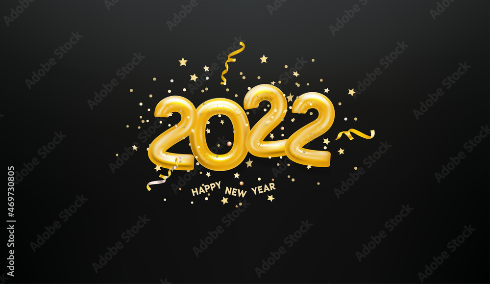 Poster happy new 2022 card with golden digits and confetti