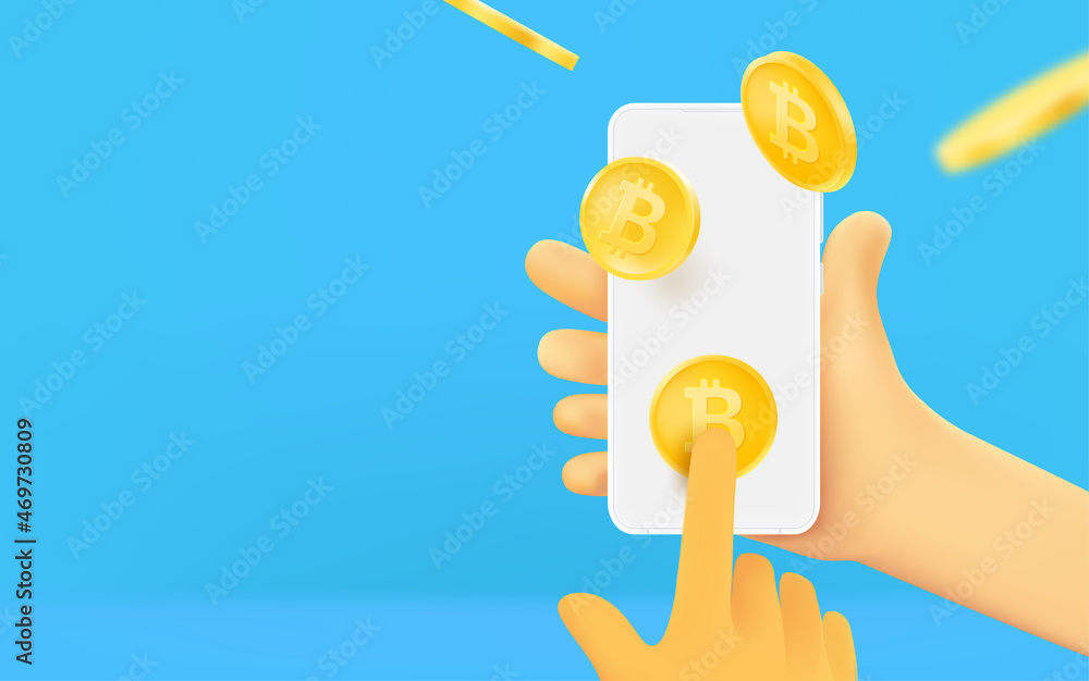 Poster mining cryptocurrency. man holding smartphone with mobile app. banner with copy space