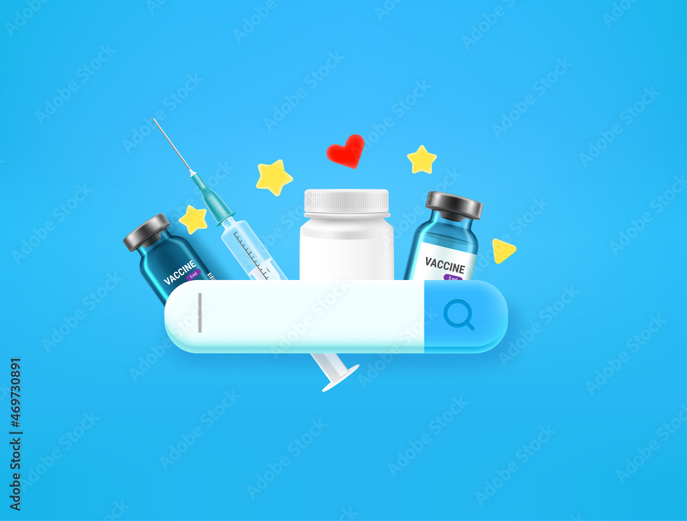 Poster searching for a medicaments in internet with search tab. 3d style vector illustration
