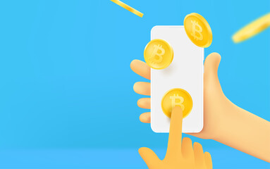 Mining cryptocurrency. Man holding smartphone with mobile app. Banner with copy space