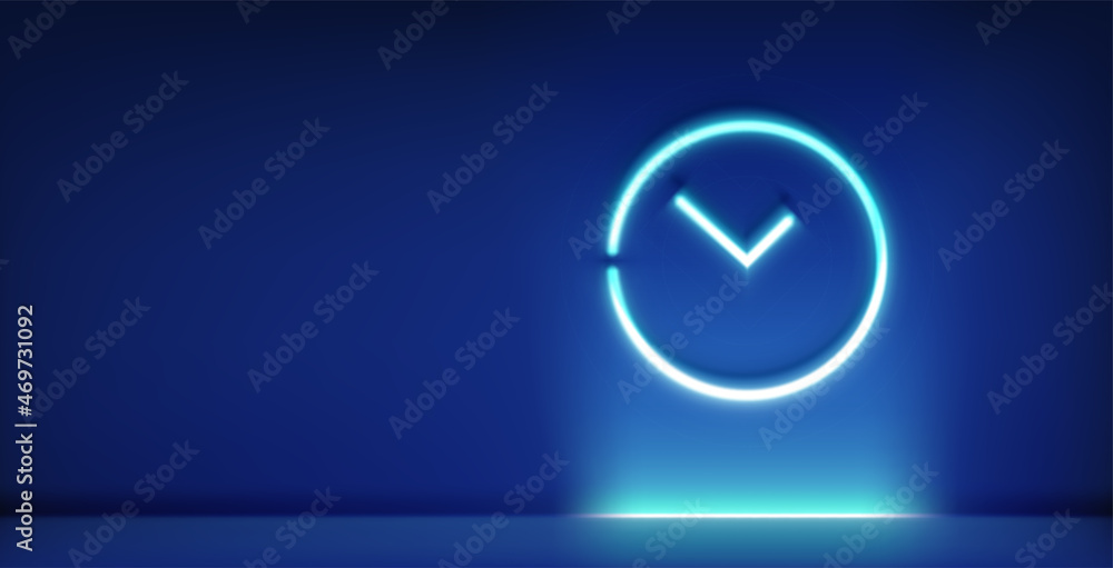 Poster neon glowing clock sign in dark illuminated interior. 3d style vector banner with copy space