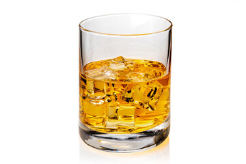 Glass of whiskey or whisky or american Kentucky bourbon with ice cubes with its reflection on the plan. isolated on white