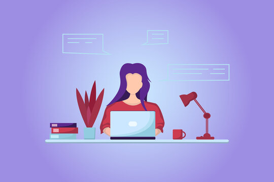 Girl with a laptop at the table. Freelance or training concept. Trendy trend illustrations in flat style.