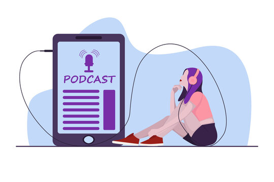 Podcast Webinar Online Learning Learning Podcast Concept. Young woman listens to podcasting while sitting at home. Vector illustration.