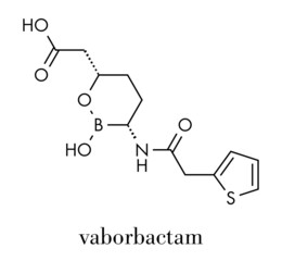Vaborbactam drug molecule. Beta-lactamase inhibitor co-administered with meropenem to block degradation of the latter by carbapenemase enzymes. Skeletal formula.