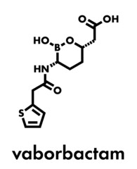 Vaborbactam drug molecule. Beta-lactamase inhibitor co-administered with meropenem to block degradation of the latter by carbapenemase enzymes. Skeletal formula.