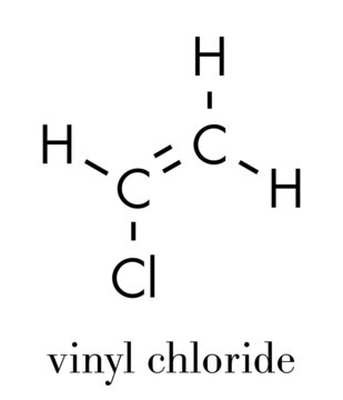 Vinyl chloride, polyvinyl chloride (PVC) plastic building block. Skeletal formula.