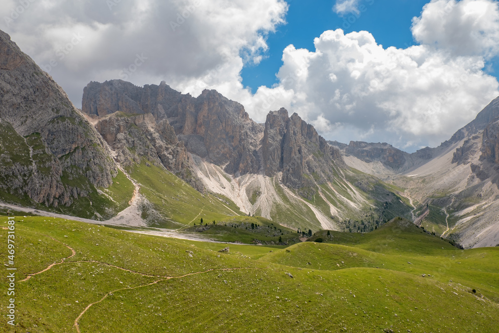 Sticker View at a valley in the dolomites mountain