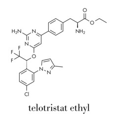 Telotristat ethyl drug molecule (tryptophan hydroxylase inhibitor). Skeletal formula.
