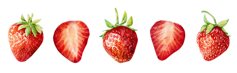 Set of watercolor strawberries isolated on white background.