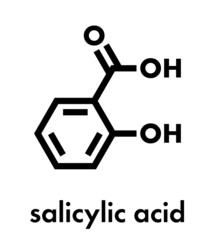 Salicylic acid molecule. Used in cosmetics, in dermatological medicines, etc. Skeletal formula.