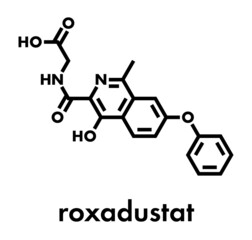 Roxadustat drug molecule. Inhibitor of hypoxia-inducible factor prolyl hydroxylase that is in development (2016) for treatment of anemia in chronic kidney disease. Skeletal formula.