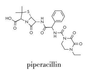 Piperacillin antibiotic drug molecule. Skeletal formula.