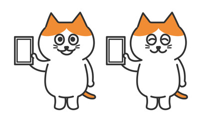 Set of smiling red tabby and white cat holding a mobile phone. Vector illustration isolated on white background.