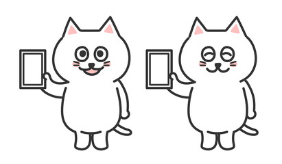 Set of smiling white cat holding a smartphone. Vector illustration isolated on white background.