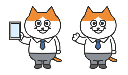 Set of red tabby and white cat working in sales. Vector illustration isolated on white background.