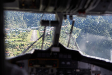 View to Lukla landing strip from cockpit