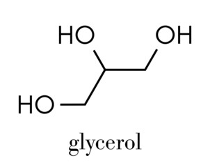 Glycerol (glycerin) molecule. Produced from fat and oil triglycerides. Used as sweetener, solvent and preservative in food and drugs. Skeletal formula.