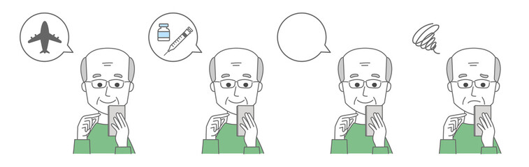 Obraz premium Elderly man book a flight, a doctor’s appointment, etc. Vector illustration isolated on white background.