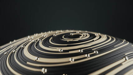 Fototapeta na wymiar 3d render Flying over golden ball with circular topographic lines and particles on black background