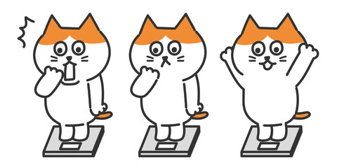 Set of red tabby and white cats weighing themselves on a body scale. Vector illustration isolated on white background.