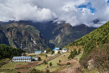 Fototapeta na wymiar Namche - Khumjung - Khunde, View to mountains, Khumbu Valley, Nepal