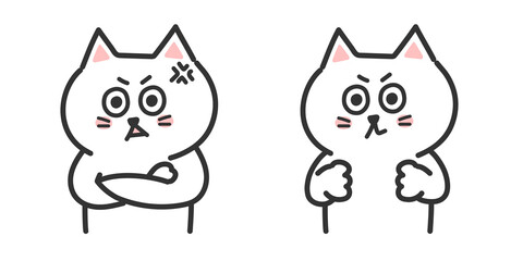 Set of angry white cats. Vector illustration isolated on white background.