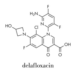 Delafloxacin antibiotic drug molecule (fluoroquinolone class). Skeletal formula.