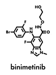 Binimetinib cancer drug molecule (MEK inhibitor). Skeletal formula.