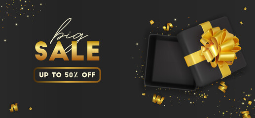Black Friday sale banner. Template design with realistic open gift box, golden bow and glitter gold confetti. Horizontal poster in flat lay, top view