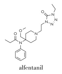 Alfentanil opioid analgesic drug molecule. Skeletal formula.