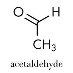 Acetaldehyde (ethanal) molecule, chemical structure. Acetaldehyde is a toxic molecule responsible for many symptoms of alcohol hangover.  Skeletal formula.