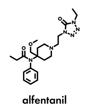 Alfentanil opioid analgesic drug molecule. Skeletal formula.