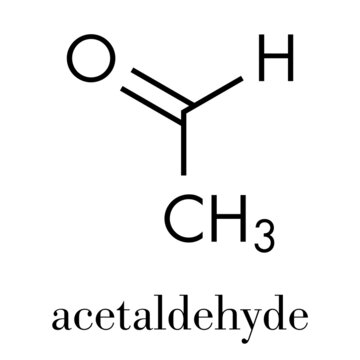 Acetaldehyde (ethanal) molecule, chemical structure. Acetaldehyde is a toxic molecule responsible for many symptoms of alcohol hangover.  Skeletal formula.