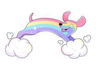 Naklejka premium Rainbow dachshund jumping in clouds, happy dog illustration