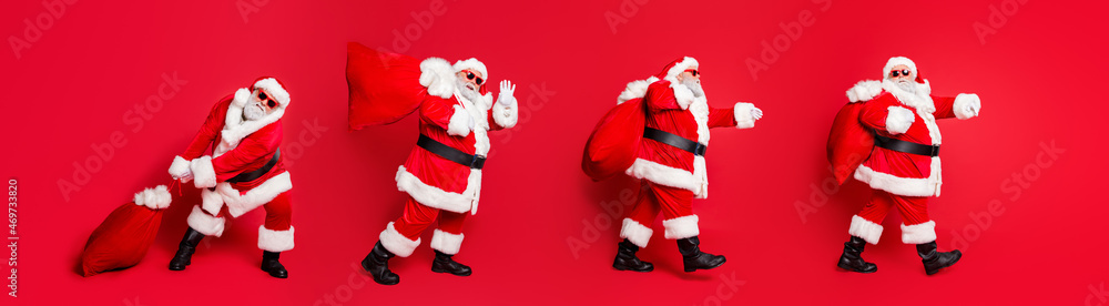 Sticker panorama picture composition of cool father christmas take large package step empty space event isol