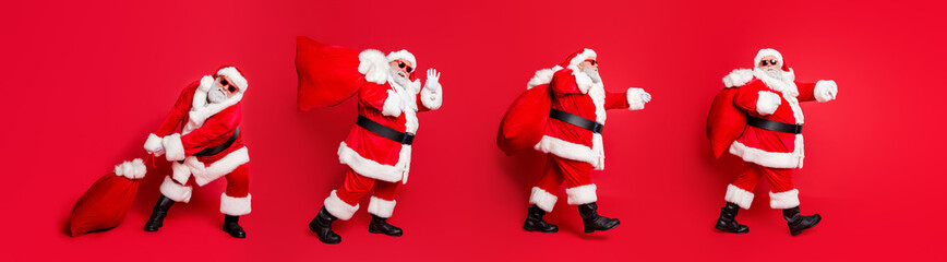 Panorama picture composition of cool father christmas take large package step empty space event isolated over red color background