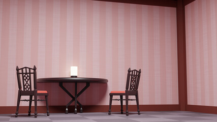 ピンクストライプの部屋　アンティーク調の椅子　テーブル　3DCG　インテリア　背景　pink stripe room