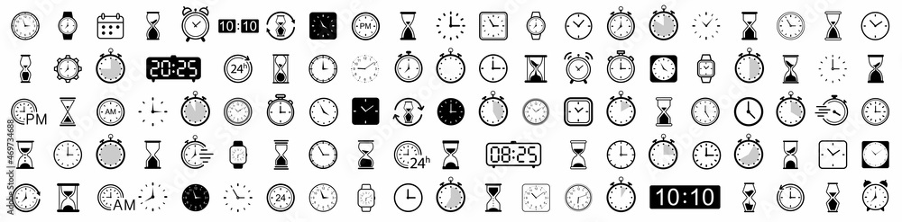 Poster clock icon set. vector time and clock icons set. horizontal set of analog clock icon symbol .circle 