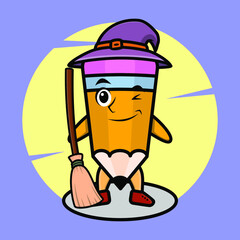 Cartoon witch shaped pencil mascot with hat and broomstick cute stylish design for t-shirt, sticker, logo elements